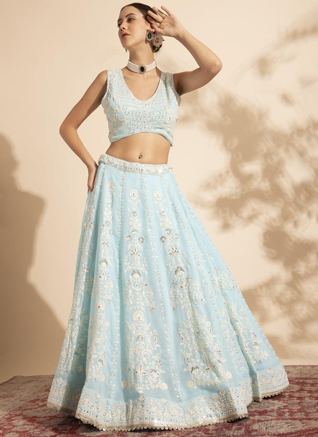 Premium Georgette Sky Blue Wedding Wear Sequins Work Ready To Wear Lehenga Choli